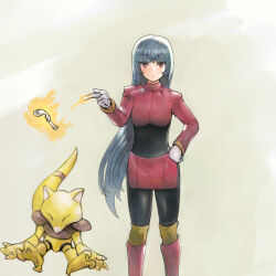 Rule 34 | 1girl, abra, bent spoon, blunt bangs, bodysuit, boots, byte (grunty-hag1), closed mouth, commentary request, creatures (company), cropped jacket, game freak, gen 1 pokemon, gloves, hand on own hip, jacket, long hair, long sleeves, looking at viewer, nintendo, over-kneehighs, pantyhose, pink footwear, pink jacket, pink skirt, pokemon, pokemon (creature), pokemon frlg, sabrina (pokemon), side slit, skirt, spoon, standing, telekinesis, thighhighs, white gloves