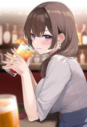 Rule 34 | 1girl, :3, absurdres, bar (place), blue nails, blue skirt, blurry, blurry background, blush, bottle, breasts, brown hair, closed mouth, commentary request, cup, drink, earrings, fingernails, highres, holding, holding cup, holding drink, jewelry, large breasts, light smile, long hair, looking at viewer, monoto, nail polish, original, purple eyes, raglan sleeves, shirt, skirt, smile, solo, white shirt