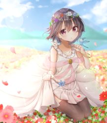 Rule 34 | 1girl, animal, bangle, bare shoulders, bird, black thighhighs, blue flower, blue rose, blue sky, bluebird, blurry, blurry background, blush, bracelet, brown eyes, brown hair, cloud, collarbone, commentary request, day, depth of field, dress, field, fingernails, flower, flower field, flower wreath, hair between eyes, head wreath, highres, himemiya shuang, jewelry, looking at viewer, original, outdoors, parted lips, petals, pink flower, pleated dress, purple flower, purple rose, red flower, red rose, rose, seiza, sitting, skirt hold, sky, sleeveless, sleeveless dress, solo, thighhighs, white dress, white flower, white rose