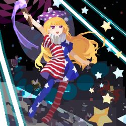 Rule 34 | 1girl, american flag, american flag print, blonde hair, clownpiece, commentary request, dress, fire, flag print, flat chest, hat, highres, holding, holding torch, jester cap, kaigen 1025, long hair, multicolored clothes, multicolored dress, multicolored pantyhose, neck ruff, no shoes, pantyhose, polka dot headwear, pom pom (clothes), purple eyes, purple fire, purple hat, short sleeves, solo, star (symbol), star print, torch, touhou