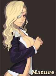 Rule 34 | 1girl, alternate hair length, alternate hairstyle, blonde hair, bottomless, breasts, character name, eyepatch, hair down, jacket, lips, long hair, lowres, mature (kof), no bra, open clothes, open jacket, open shirt, red eyes, shirt, simple background, smile, solo, steward b, the king of fighters