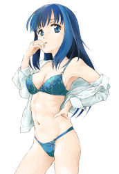 Rule 34 | 1girl, blue bra, blue eyes, blue hair, blue panties, bra, breasts, cleavage, commentary request, cowboy shot, dress shirt, hand on own hip, hand to own mouth, highres, lace, lace-trimmed bra, lace trim, long hair, looking at viewer, magia record: mahou shoujo madoka magica gaiden, mahou shoujo madoka magica, marutaya, medium breasts, nanami yachiyo, navel, no pants, off shoulder, open clothes, open shirt, panties, parted lips, partial commentary, ribs, shirt, skindentation, sleeves rolled up, solo, standing, string panties, thighs, underwear, white shirt
