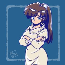 Rule 34 | 1girl, alternate costume, blue background, blue eyes, blunt bangs, border, bow, brown hair, cowboy shot, crossed arms, dress, hair bow, kuonji ukyou, long hair, looking at viewer, ponytail, ranma 1/2, signature, simple background, solo, sweater, sweater dress, wanta (futoshi), white bow, white sweater