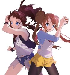 Rule 34 | 2girls, ankea (a-ramo-do), arm up, bare shoulders, black legwear, black vest, blue eyes, blue shorts, breasts, brown hair, closed mouth, cowboy shot, creatures (company), denim, denim shorts, double bun, female focus, game freak, hair bun, hair tie, happy, highres, hilda (pokemon), holding, holding poke ball, legs apart, long hair, looking at another, looking to the side, medium breasts, multiple girls, nintendo, open mouth, pantyhose, poke ball, poke ball (basic), pokemon, pokemon bw, pokemon bw2, ponytail, rosa (pokemon), shirt, short shorts, shorts, simple background, sleeveless, sleeveless shirt, smile, standing, twintails, vest, white background, white shirt, wristband, yellow shorts