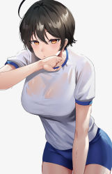 Rule 34 | 1girl, absurdres, ahoge, black hair, breasts, brown eyes, gym shirt, gym shorts, gym uniform, hair between eyes, hand on own face, highres, large breasts, looking at viewer, mole, mole under eye, original, rororo, shirt, short hair, shorts, simple background, solo, sweat, white background, white shirt, wiping sweat