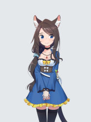 Rule 34 | 1girl, aina (mao lian), animal ear fluff, animal ears, black hair, blue eyes, breasts, cat ears, cat tail, choker, cowboy shot, dress, highres, jewelry, long hair, looking to the side, mao lian (nekokao), medium breasts, original, own hands together, pendant, solo, swept bangs, tail, thighhighs, white background