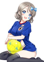 Rule 34 | 1girl, ball, black thighhighs, blouse, blue eyes, blue panties, blue shirt, blush, bow, breasts, crossed arms, facial tattoo, grey hair, hair between eyes, hair bow, highres, japanese flag, looking at viewer, love live!, love live! sunshine!!, medium breasts, no pants, open mouth, panties, sankuro (agoitei), shirt, short hair, simple background, sitting, smile, soccer, soccer ball, soccer uniform, solo, sportswear, sweatband, tattoo, thighhighs, thighs, underwear, watanabe you, white background, white panties, world cup