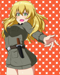 Rule 34 | 1girl, ada badguy, anzio military uniform, belt, black belt, black shirt, blonde hair, carpaccio (girls und panzer), commentary request, dress shirt, girls und panzer, green eyes, grey jacket, grey skirt, highres, jacket, knife, long hair, long sleeves, looking at viewer, military, military uniform, miniskirt, open mouth, partial commentary, red background, shirt, skirt, smile, solo, standing, uniform, wing collar