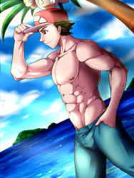 Rule 34 | 1boy, abs, creatures (company), game freak, hat, male focus, muscular, nintendo, ocean, outdoors, pectorals, pokemon, pokemon sm, red (pokemon), red (pokemon sm), sky, tagme, tofu (coolboyz18), topless male