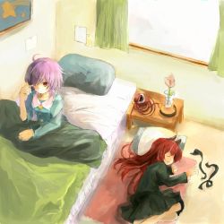 Rule 34 | 2girls, alternate hairstyle, animal ears, bed, blouse, blue shirt, cat ears, commentary request, day, dress, eyeball, feet out of frame, flower, frilled dress, frilled shirt collar, frills, green dress, indoors, kaenbyou rin, komeiji satori, long hair, long sleeves, lying, multiple girls, nightstand, on bed, on floor, on side, open mouth, pillow, pink hair, red eyes, red hair, shimada sarasara, shirt, short hair, sleeping, third eye, touhou, under covers, vase, waking up, window