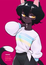 Rule 34 | 2019, animal ears, artist name, black hair, black pants, bob cut, cat ears, cat tail, colo (nagrolaz), expressionless, furry, highres, looking at viewer, original, pants, pink background, shirt, short hair, simple background, slit pupils, tail, tied shirt, yellow eyes