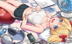 Rule 34 | 1girl, absurdres, blonde hair, blue eyes, bow, coffee mug, cup, electric fan, hair bow, headphones, highres, looking at viewer, lying, midriff, mug, navel, on back, open mouth, phone, pillow, short shorts, short twintails, shorts, slumcat, smile, solo, twintails
