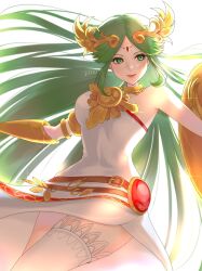 Rule 34 | 1girl, ancient greek clothes, armlet, artist name, backlighting, bare arms, bare shoulders, breasts, chain, chiton, circlet, collarbone, diadem, dress, forehead jewel, gold, gold chain, green eyes, green hair, highres, holding, holding shield, jewelry, kid icarus, kid icarus uprising, large breasts, long hair, neck ring, nintendo, p i n o, palutena, parted bangs, pendant, shield, side slit, single thighhigh, solo, strapless, strapless dress, thighhighs, vambraces, very long hair, white dress