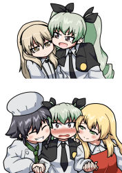 Rule 34 | 10s, 5girls, anchovy (girls und panzer), anzio school uniform, black bow, black bowtie, black hair, black necktie, black ribbon, blonde hair, blush, bow, bowtie, braid, cape, carpaccio (girls und panzer), chef, chef hat, closed eyes, closed mouth, commentary, dress shirt, drill hair, girls und panzer, green eyes, green hair, grin, hair ribbon, half-closed eyes, hat, holding hands, light brown hair, long hair, long sleeves, looking at another, multiple girls, necktie, open mouth, pepperoni (girls und panzer), red eyes, ribbon, roah, school uniform, shimada arisu, shirt, short hair, side braid, side ponytail, simple background, skirt, smile, suspender skirt, suspenders, twin drills, twintails, upper body, wavy mouth, white background, white shirt, yuri