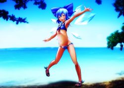 Rule 34 | 1girl, arm up, armpits, bare shoulders, bikini, blue bikini, blue bow, blue eyes, blue footwear, blue hair, blue sky, blue theme, blue wings, blurry, blurry background, blush, bow, bow bikini, breasts, cirno, collar, collared bikini, dark-skinned female, dark skin, female focus, full body, gradient sky, hair bow, happy, horizon, ice, ice wings, katsura dendou, leg up, looking at viewer, matching hair/eyes, navel, neck ribbon, ocean, open mouth, outstretched arm, red ribbon, ribbon, sandals, short hair, sidelocks, sky, small breasts, smile, solo, standing, standing on one leg, stomach, swimsuit, tanned cirno, teeth, touhou, tree, water, wings
