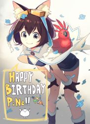 Rule 34 | 1girl, absurdres, animal ears, bad id, bad twitter id, bent over, bird, black gloves, blue eyes, boots, breasts, brown hair, capelet, cat ears, cleavage, flower, gloves, goggles, goggles on head, gradient background, grey background, hands on thighs, happy birthday, highres, iwato1712, leaning forward, looking at viewer, original, party popper, short hair, short shorts, shorts, small breasts, smile, solo, speech bubble, white background