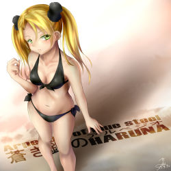 Rule 34 | 1girl, aoki hagane no arpeggio, beach, bikini, blonde hair, blush, breasts, character name, cleavage, closed mouth, collarbone, copyright name, cowboy shot, dated, fingernails, green eyes, hair bobbles, hair intakes, hair ornament, haruna (aoki hagane no arpeggio), highres, hip focus, legs, long hair, looking at viewer, medium breasts, navel, sand, seiya (iiseven), side-tie bikini bottom, signature, solo, standing, swimsuit, twintails