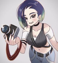 Rule 34 | 1girl, absurdres, artist request, bare shoulders, black choker, blue hair, bob cut, breasts, brown eyes, camera, check artist, choker, creatures (company), crop top, game freak, grin, highres, holding, holding camera, looking at viewer, medium breasts, multicolored hair, navel, nintendo, noaki, off-shoulder shirt, off shoulder, perrin (pokemon), pokemon, pokemon sv, shirt, short hair, short sleeves, smile, solo