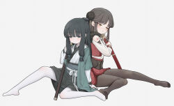 Rule 34 | 2girls, black hair, black skirt, blush, brown eyes, brown hair, brown pantyhose, closed mouth, commentary, grey background, grey eyes, half-closed eyes, highres, holding, holding sheath, japanese clothes, katana, kimono, long hair, long sleeves, multiple girls, no shoes, obi, original, pantyhose, puffy long sleeves, puffy sleeves, sash, sheath, sheathed, simple background, skirt, sleeves past wrists, sword, symbol-only commentary, weapon, white kimono, white pantyhose, white ph