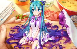 Rule 34 | 1girl, ango, ankkoyom, aqua hair, bad id, bad pixiv id, blue eyes, blue hair, blueberry hair ornament, bracelet, bread slice, butter knife, earrings, food, food-themed hair ornament, frown, gradient hair, hair ornament, hairclip, hatsune miku, high heels, highres, in food, jam, jewelry, long hair, looking at viewer, mini person, minigirl, multicolored hair, out of frame, pov, pov hands, sitting, solo focus, toast, twintails, very long hair, vocaloid