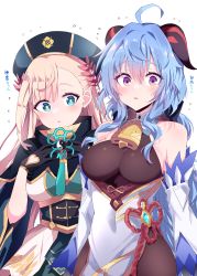 Rule 34 | 2girls, absurdres, ahoge, bare shoulders, bell, black gloves, black legwear, blonde hair, blue eyes, blue hair, blush, breasts, cape, commentary request, detached sleeves, flying sweatdrops, ganyu (genshin impact), genshin impact, gloves, hat, highres, himiya jouzu, horns, long hair, looking at viewer, medium breasts, monster strike, multiple girls, neck bell, orb, parted lips, partial commentary, purple eyes, robe, shennong (monster strike), sideboob, sidelocks, ueda reina, vision (genshin impact), voice actor connection, white background, white sleeves, yin yang, yin yang orb