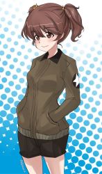 Rule 34 | 1girl, abimaru gup, alisa (girls und panzer), black shorts, blue background, brown eyes, brown hair, brown jacket, closed mouth, commentary, cowboy shot, emblem, freckles, girls und panzer, hair ornament, hands in pockets, highres, jacket, long sleeves, looking to the side, military, military uniform, one-hour drawing challenge, polka dot, polka dot background, saunders military uniform, short hair, short twintails, shorts, smirk, solo, standing, star (symbol), star hair ornament, twintails, twitter username, uniform