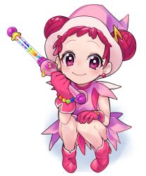 Rule 34 | 1girl, blush, boots, closed mouth, commentary request, double bun, dress, earrings, fortissimo, full body, gloves, hair bun, hair ornament, harukaze doremi, hat, highres, holding, holding wand, jewelry, looking at viewer, magical girl, musical note, musical note hair ornament, nanami mayo, ojamajo doremi, pink dress, pink eyes, pink footwear, pink gloves, pink hair, pink hat, pointy footwear, short hair, sitting, smile, solo, squatting, wand, white background, witch hat