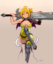 Rule 34 | 1girl, animal ears, armor, artist name, bad id, bad tumblr id, bat wings, blonde hair, borrowed character, breasts, breasts apart, cat ears, cat tail, cleavage, cleft of venus, crossed legs, dress, greaves, green eyes, highres, huge weapon, leg up, medium breasts, mini wings, no panties, optionaltypo, original, over shoulder, oversized object, ponytail, pussy, sapphicneko (sapphicneko), short dress, smug, solo, sword, tail, thigh strap, thighhighs, uncensored, weapon, weapon over shoulder, wings