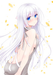 Rule 34 | 1girl, 3:, arm at side, back, back cutout, blue eyes, blush, breasts, chibinon, closed mouth, clothing cutout, colored eyelashes, commentary request, cowboy shot, eyes visible through hair, floating hair, from side, frown, grey sweater, hair between eyes, highres, lips, long hair, looking at viewer, looking back, medium breasts, meme attire, naruse shiroha, no bra, shy, sideboob, simple background, solo, standing, straight hair, summer pockets, sweater, very long hair, virgin killer sweater, white background, white hair