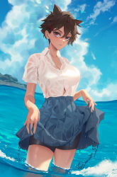 Rule 34 | 1girl, absurdres, black shorts, blouse, blue skirt, blue sky, borrowed character, breasts, brown hair, cirilla lin, closed mouth, cloud, collared shirt, commentary, cowboy shot, dark-skinned female, dark skin, day, hair between eyes, hair ornament, hairclip, highres, large breasts, looking at viewer, micchan (ohisashiburi), original, outdoors, pleated skirt, red eyes, see-through, shirt, short hair, short sleeves, shorts, shorts under skirt, skirt, skirt hold, sky, solo, standing, wading, water, wet, wet clothes, wet shirt, white shirt