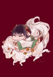 Rule 34 | 1girl, black hair, brown horns, bull, chibi, closed eyes, closed mouth, cloud, commentary request, extra ears, eyeliner, hong (hong11117), hoozuki no reitetsu, horns, japanese clothes, kimono, leaning forward, long sleeves, makeup, ox ears, ox horns, ox tail, peach maki, red background, riding, riding animal, short hair, signature, simple background, sleeves past wrists, slit pupils, smile, solo, white kimono, white sleeves, wide sleeves, yellow eyes