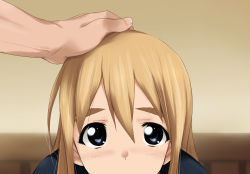 Rule 34 | 1girl, blonde hair, blue eyes, eyebrows, hair between eyes, hand on another&#039;s head, head out of frame, headpat, implied fellatio, k-on!, kaiga, kotobuki tsumugi, long hair, out-of-frame censoring, out of frame, pov, school uniform, sexually suggestive, solo focus