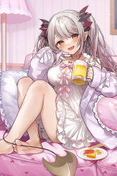 Rule 34 | 1girl, :d, alcohol, barefoot, beer, beer mug, bow, breasts, brown eyes, chopsticks, cleavage, cup, demon tail, food, grey hair, hair ornament, highres, holding, holding cup, indie virtual youtuber, jacket, jewelry, lamp, large breasts, mug, multicolored hair, necklace, nightgown, on bed, open mouth, pillow, pink bow, plate, pointy ears, sake (utopia modoki), sitting, sleeves past wrists, smile, solo, streaked hair, suou patra, tail, twintails, v, virtual youtuber, white bow, white nightgown