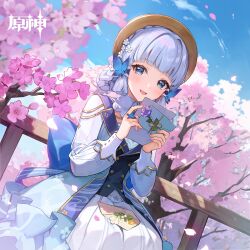 Rule 34 | 1girl, :d, absurdres, ayaka (genshin impact), blue dress, blue eyes, blue hair, blue sky, blunt bangs, cherry blossoms, chinese commentary, cloud, commentary request, day, dress, genshin impact, hat, highres, holding, kamisato ayaka, kamisato ayaka (springbloom missive), long hair, long sleeves, looking at viewer, official alternate costume, official art, open mouth, sky, smile, solo