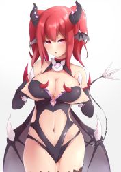 Rule 34 | 1girl, :o, absurdres, asla yu, bare shoulders, black leotard, breasts, bridal gauntlets, clothing cutout, demon girl, demon tail, demon wings, elsword, head wings, heart cutout, highres, horns, karis (elsword), large breasts, leotard, long hair, looking at viewer, navel cutout, pointy ears, red eyes, red hair, revealing clothes, short hair, short twintails, simple background, skindentation, smile, solo, spikes, tail, thighhighs, twintails, white background, wings