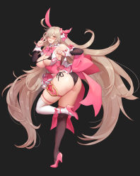 Rule 34 | 1girl, absurdres, asymmetrical legwear, black background, black panties, blonde hair, blush, breasts, cleavage, detached sleeves, dress, faucre the evil overlord, hair ornament, high heels, highres, large breasts, last origin, long hair, mismatched legwear, panties, side-tie panties, sleeveless, solo, string bra, thigh strap, thighhighs, underwear, very long hair, y.i. (lave2217), yellow eyes