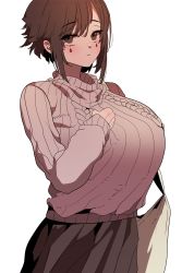 Rule 34 | 1girl, :|, absurdres, asymmetrical hair, bag, black skirt, breasts, brown eyes, brown hair, closed mouth, expressionless, guardian tales, hand on own chest, highres, large breasts, looking at viewer, manjin512, scrivener lahn, short hair, skirt, sweater, tattoo, turtleneck, turtleneck sweater, white background