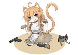Rule 34 | 1girl, absurdres, anger vein, animal ears, apron, blonde hair, brown dress, brown gloves, cat ears, cat girl, cat tail, claymore (mine), dress, explosive, glock, gloves, gun, handgun, highres, indie virtual youtuber, maid, maid apron, mine (weapon), paw pose, solo, srtdrawart, tactical clothes, tactical maid, tail, unconventional maid, weapon, whiskey project, white apron