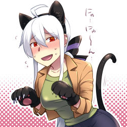 Rule 34 | 1girl, ahoge, animal ears, animal hands, blush, breasts, caffein, cat ears, cat tail, fake animal ears, fang, highres, long hair, looking at viewer, open mouth, paw pose, ponytail, red eyes, silver hair, smile, solo, tail, vocaloid, yowane haku