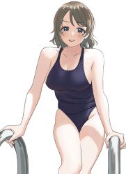 Rule 34 | 1girl, :d, absurdres, blue eyes, blush, breasts, brown hair, climbing ladder, commentary request, dunchy, highres, looking at viewer, love live!, love live! sunshine!!, medium breasts, open mouth, school swimsuit, short hair, smile, solo, swimsuit, teeth, upper teeth only, watanabe you, white background