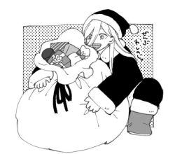 Rule 34 | 1girl, ajo cnsw, chainsaw man, gift, hat, long sleeves, monochrome, power (chainsaw man), santa costume, santa hat, sleeves past elbows, snow boots, solo, winter clothes