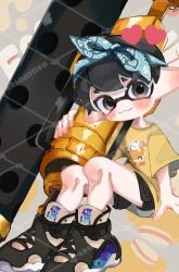 Rule 34 | 2boys, :3, black eyes, black hair, black shorts, blue hairband, blush, commentary request, dynamo roller (splatoon), full body, grey background, hairband, heart, high tops, highres, holding, holding weapon, inkling, inkling boy, inkling player character, mitokon1994, multiple boys, nintendo, pointy ears, print shirt, shirt, shoes, short hair, short shorts, shorts, sitting, sneakers, solo, splatoon (series), splatoon 3, weapon, yellow shirt