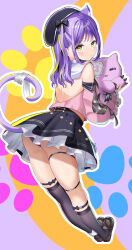 Rule 34 | 1girl, :3, absurdres, animal ear fluff, animal ears, ass, asymmetrical legwear, back, bandaged leg, bandaged tail, bandages, black panties, black ribbon, blush, cat ears, cat tail, chinese commentary, closed mouth, eyepatch, frilled eyepatch, from behind, from side, full body, hair ribbon, hat, heart, heart eyepatch, highres, holding, holding stuffed toy, long hair, long sleeves, looking at viewer, panties, pantyshot, paw print, paw print background, purple hair, ribbon, shinomiya runa, sis-con, skindentation, skirt, solo, stuffed animal, stuffed cat, stuffed toy, tail, two side up, underwear, upskirt, virtual youtuber, vspo!, yellow eyes