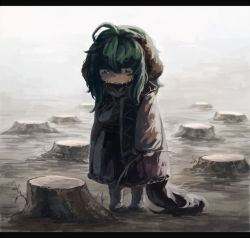 Rule 34 | 1girl, ahoge, animal ears, commentary, commentary request, crying, crying with eyes open, dress, green eyes, green hair, kasodani kyouko, koto inari, letterboxed, looking down, red dress, sad, scarf, tail, tears, touhou, tree stump