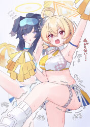 Rule 34 | ahoge, animal ears, arm up, black hair, blonde hair, blue archive, blush, braid, breasts, bright pupils, cheerleader, cleavage, commentary request, cowboy shot, detached collar, dog ears, eyewear on head, halo, halterneck, hibiki (blue archive), hibiki (cheer squad) (blue archive), highres, holding, holding pom poms, kotori (blue archive), kotori (cheer squad) (blue archive), leg up, looking at another, makolas97, medium breasts, midriff, millennium cheerleader outfit (blue archive), open mouth, orange halo, pom pom (cheerleading), pom poms, ponytail, purple eyes, red eyes, short twintails, sidelocks, simple background, skirt, socks, standing, standing on one leg, sweat, tearing up, thigh strap, thighs, translation request, trembling, twintails, white background, white pupils, white skirt, white socks, yellow halo