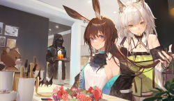 Rule 34 | 1other, 2girls, amiya (arknights), animal ears, arknights, ascot, bare shoulders, black choker, black coat, black gloves, blue eyes, bowl, brown hair, brushing hair, candy, choker, clothes writing, coat, comb, cosmetics, crown, cup, doctor (arknights), dress, drink, drinking glass, flower, flower wreath, food, gloves, green dress, green eyes, hibiscus, highres, holding, holding tray, hood, hood up, hooded coat, indoors, instrument, kal&#039;tsit (arknights), kuroduki (pieat), lipstick tube, long hair, looking at viewer, mask, material growth, multiple girls, off shoulder, open clothes, open coat, oripathy lesion (arknights), parted lips, pink flower, pink rose, rabbit ears, rose, shirt, silver hair, smile, stuffed animal, stuffed toy, table, teddy bear, tray, unworn crown, upper body, very long hair, violin, white shirt