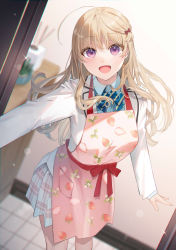 Rule 34 | 1girl, :d, ahoge, apron, bekotarou, blazer, blonde hair, blurry, blurry background, blush, bow, bowtie, collared shirt, commentary, cowboy shot, curly hair, door, dutch angle, eyelashes, food print, glint, green bow, green bowtie, hair bow, highres, incense burner, indoors, jacket, light particles, long hair, long sleeves, looking at viewer, miniskirt, open mouth, original, plaid, plaid skirt, pleated skirt, print apron, purple eyes, red apron, red bow, school uniform, shirt, skirt, smile, solo, standing, strawberry print, striped bow, striped bowtie, striped clothes, two-tone bowtie, uniform, white jacket, white shirt, wing collar, yellow bow, yellow bowtie