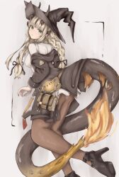 Rule 34 | 1girl, arknights, ass, black footwear, black hat, black horns, black jacket, black ribbon, black tail, blonde hair, brown pantyhose, commentary, earrings, fire, flame-tipped tail, foot out of frame, green eyes, grey background, grey panties, hair ribbon, hat, high heels, highres, horns, jacket, jewelry, long hair, long sleeves, looking at viewer, nyo (fy 1), off shoulder, official alternate costume, panties, pantyhose, reed (arknights), reed the flame shadow (arknights), reed the flame shadow (curator) (arknights), ribbon, shirt, shoe soles, shoes, solo, star (symbol), star earrings, tail, turning head, underwear, white shirt, witch hat