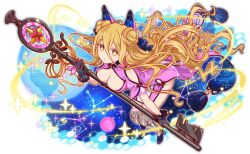 Rule 34 | 1girl, :o, armored boots, blonde hair, boots, breasts, cleavage, constellation, crash fever, date a live, double bun, dress, globe, gloves, hair between eyes, hair bun, holding, holding staff, hoshimiya mukuro, jewelry, large breasts, long hair, looking at viewer, official art, outline, pink dress, red outline, ring, second-party source, short dress, solo, staff, tachi-e, taurus (constellation), transparent background, very long hair, virgo (constellation), yellow eyes