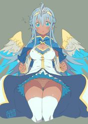 Rule 34 | 1girl, :o, ahoge, andromeda (p&amp;d), blue eyes, blue hair, blush, braid, breasts, brown panties, cameltoe, capelet, cleavage, covered erect nipples, dark-skinned female, dark skin, dated, dress, fbc, feathered wings, headpiece, knees together feet apart, large breasts, long hair, looking at viewer, matching hair/eyes, open mouth, panties, puzzle &amp; dragons, short dress, side-tie panties, solo, thighhighs, underwear, white thighhighs, wind, wind lift, wings
